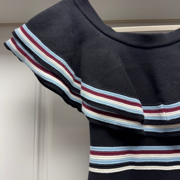 Gianni Bini Black, Blue, White, Burgundy Striped Ruffle Off the Shoulder Dress - Picture 9 of 16